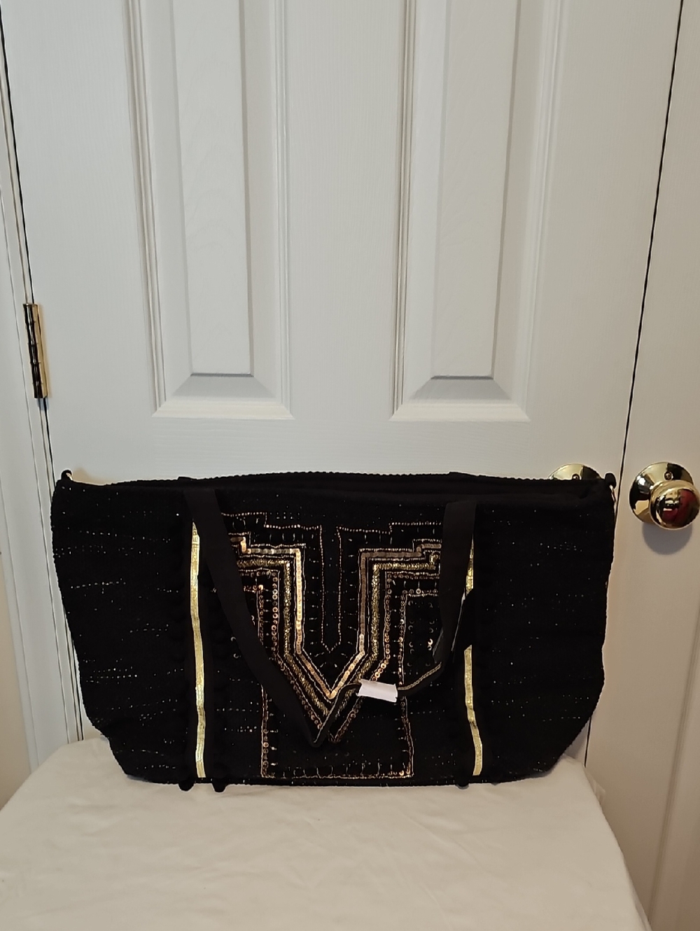 America & Beyond Black Sequin Tote Bag with Gold Accents